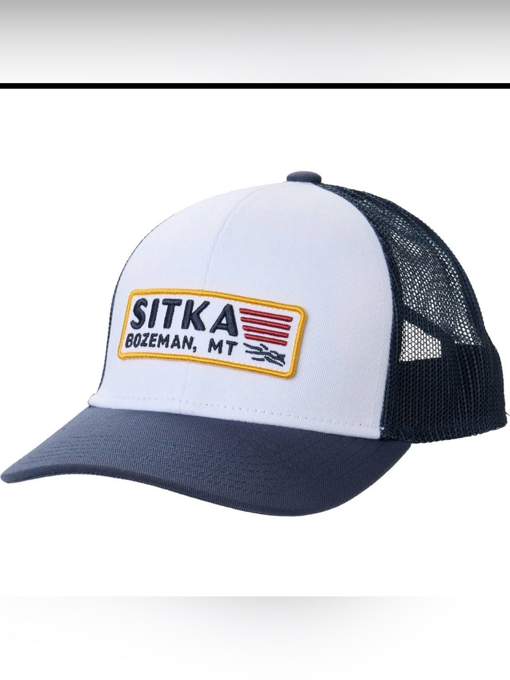 NEW- SITKA Patriot Mid Pro Trucker Hat Bozeman, MT Hunting Fishing White Blue